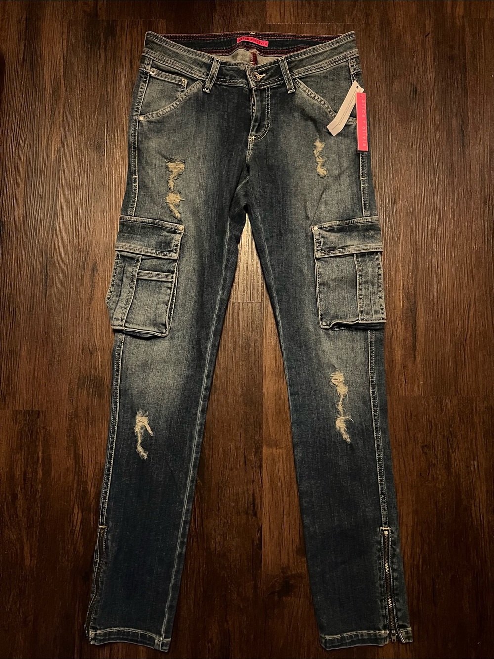 Alice + Olivia Dark Indigo Jeans with Pink Logo Trim